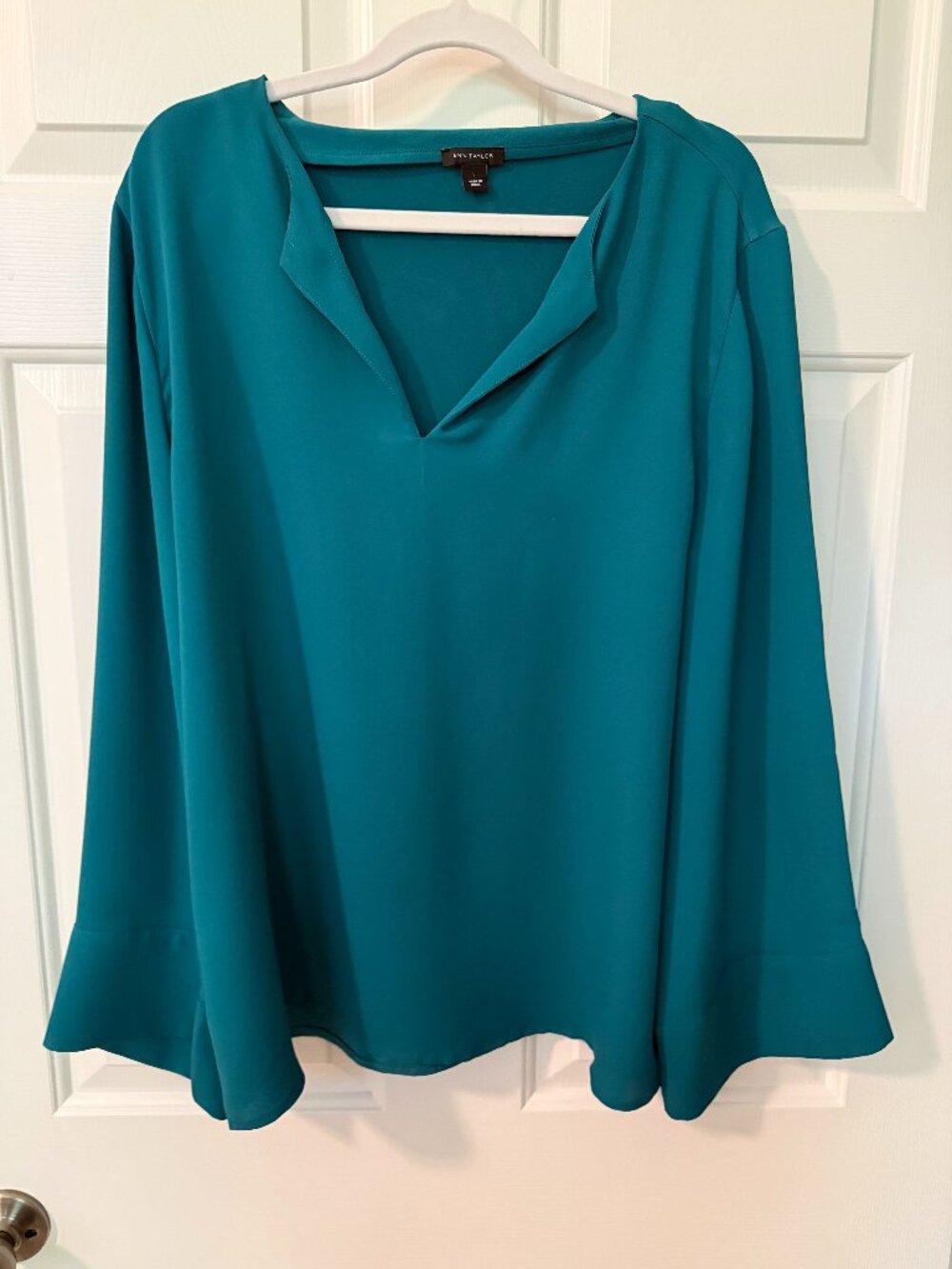 Ann Taylor Teal Blue Split Neck Flared Bell Sleeve Blouse - Size L